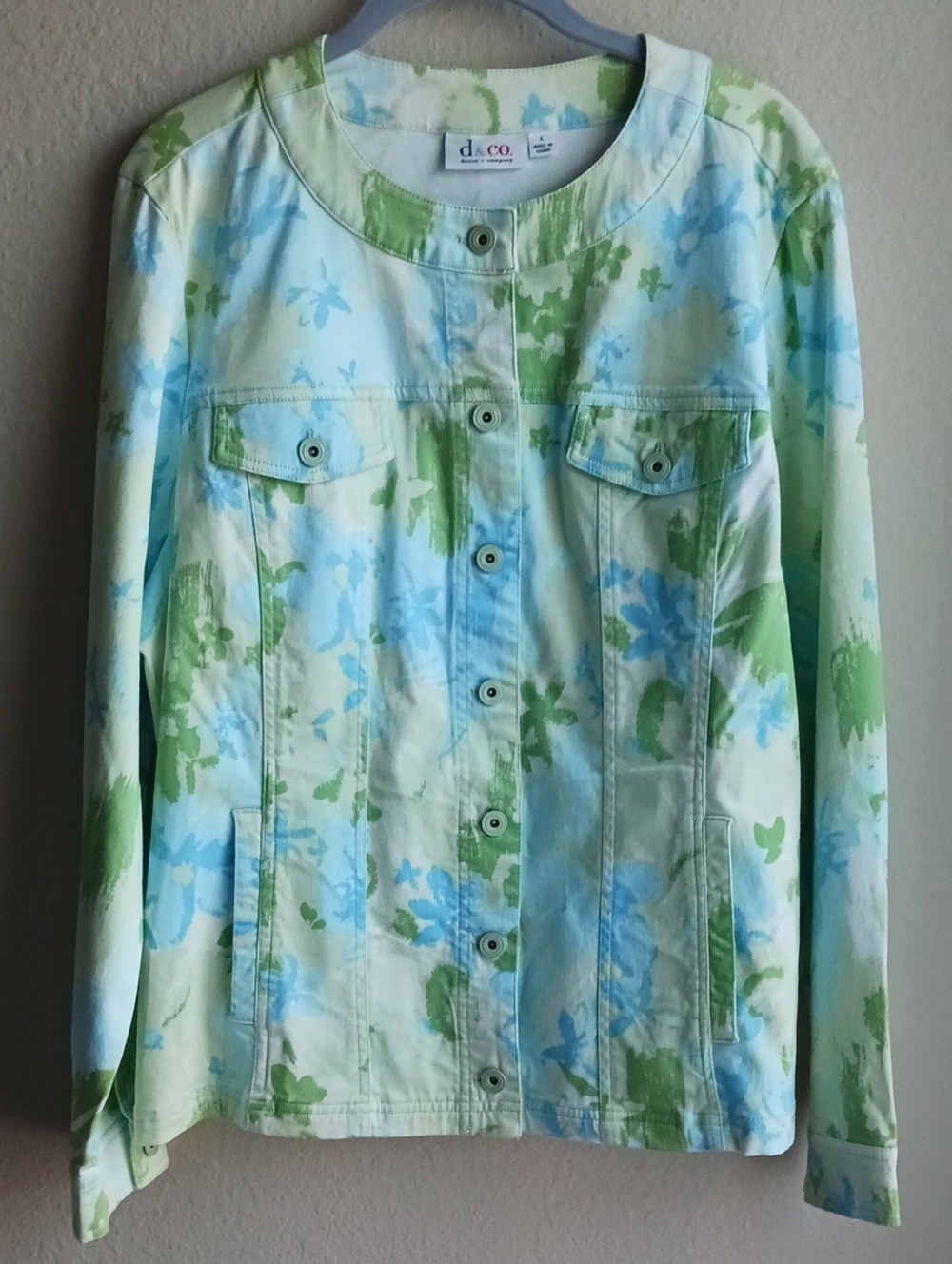 Denim & Co. Light Blue & Green Floral Jean Jacket Size Large
